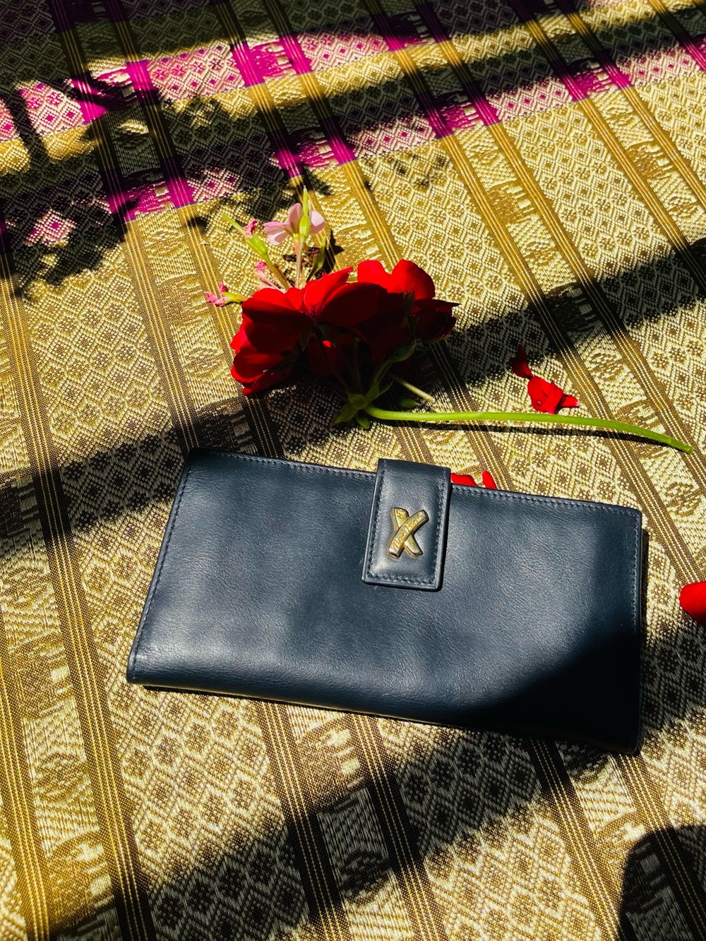 Classic Navy Leather Clutch Wallet with Gold Accent